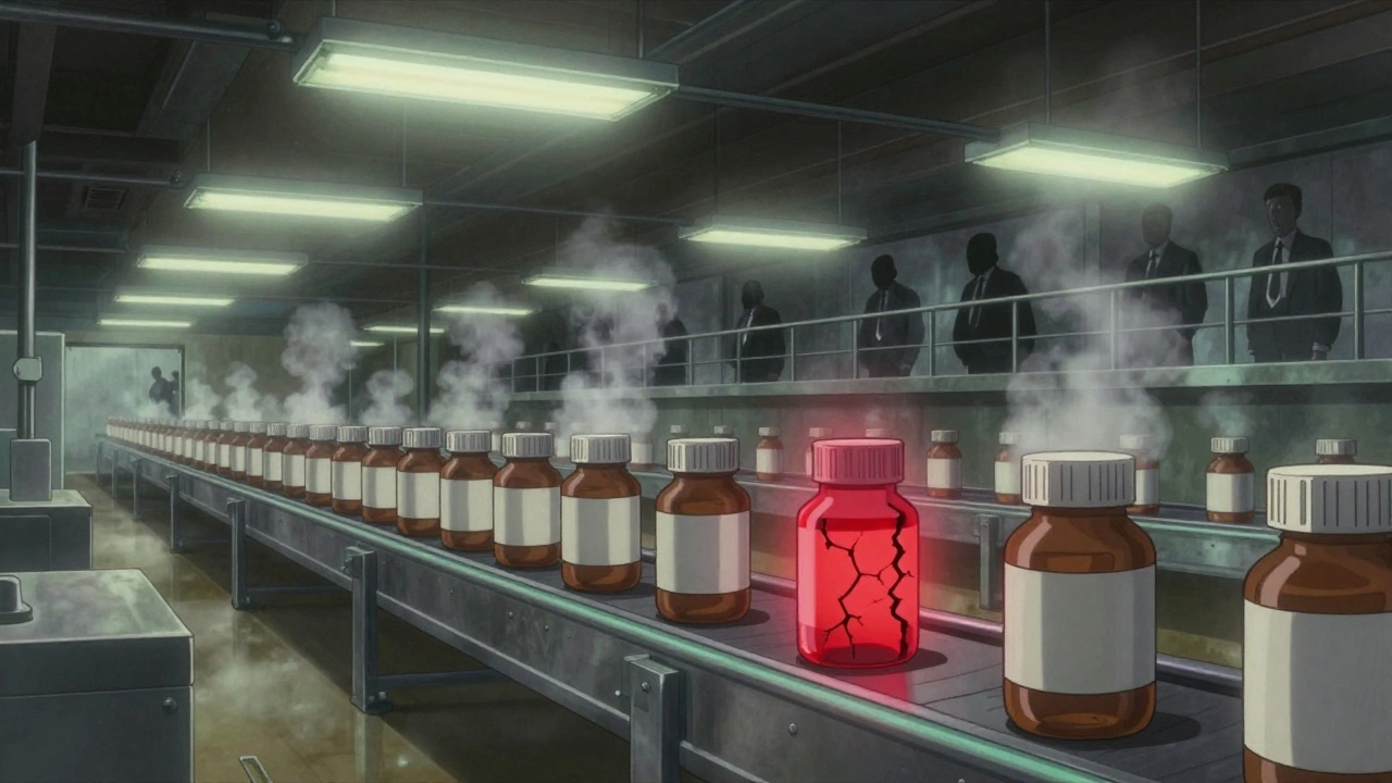 Abandoned generic drug factory with glowing cracked pill bottle, shadowy executives watching from above.