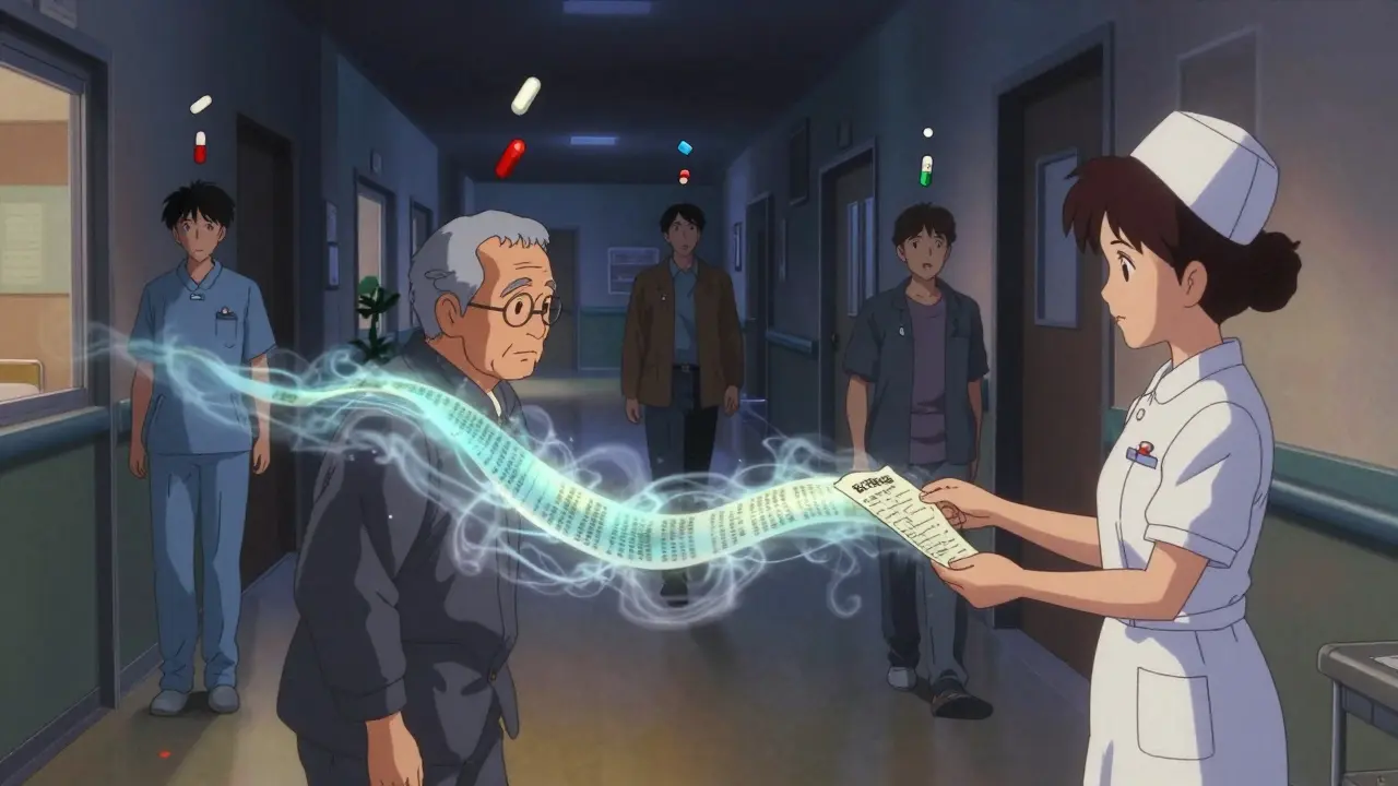 An elderly patient receiving a medication list that transforms into a glowing river in a hospital hallway.