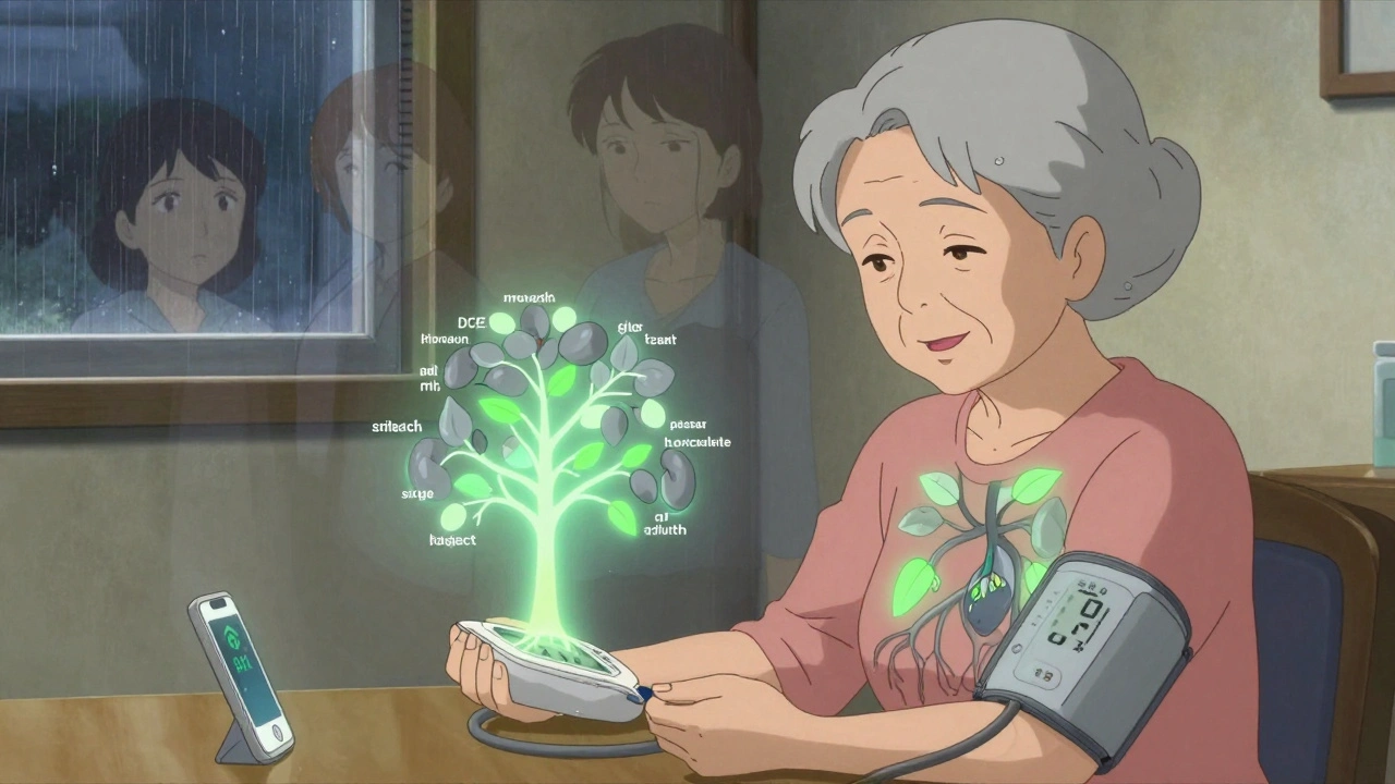 An elderly woman checking her blood pressure as a tree grows from her chest, roots connecting to vital organs protected by medication.
