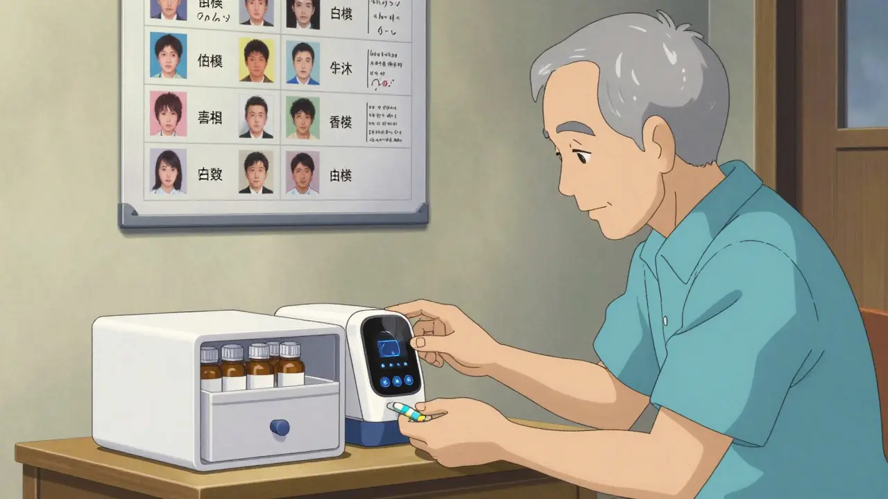 Caregiver and senior using smart pill dispenser in bedroom with photo chart