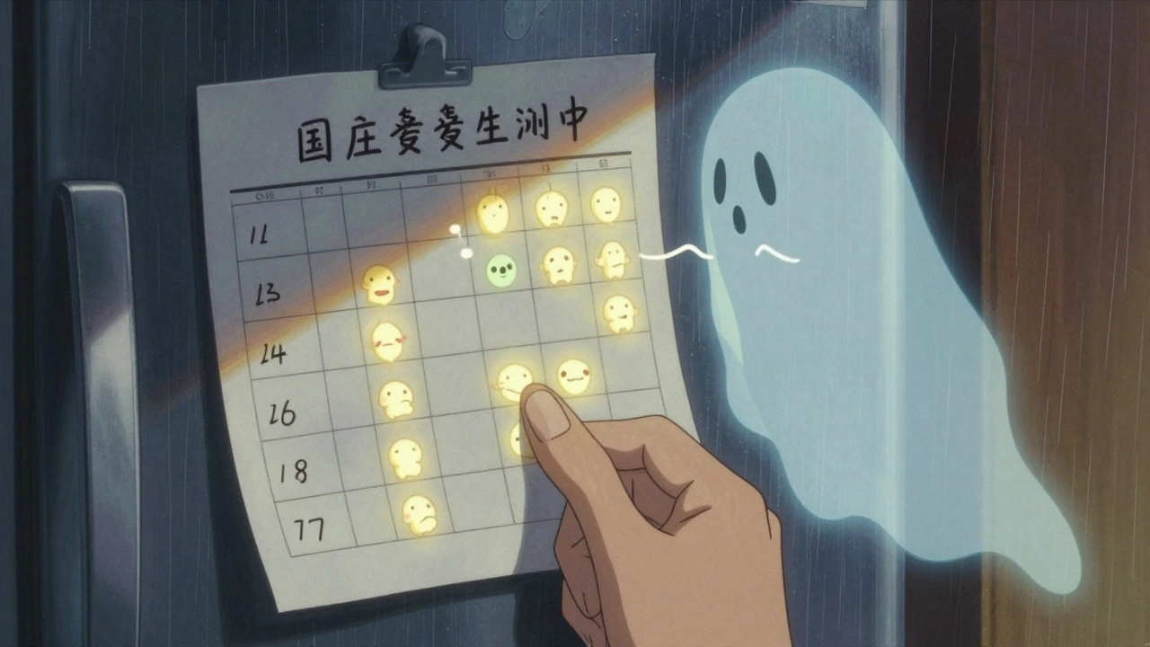 Color-coded pill icons on a fridge with a translucent advocate figure watching over them.