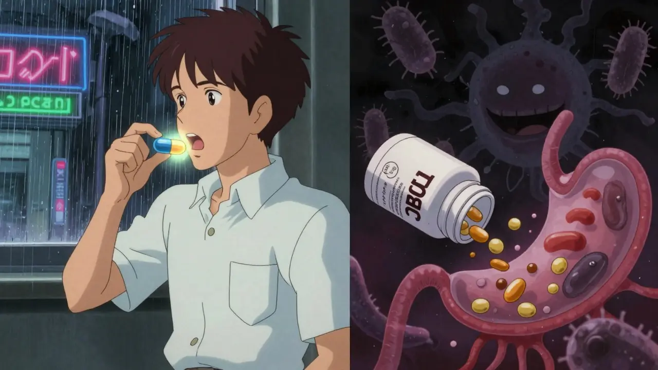 Contrasting prescription and OTC enzyme supplements—one surviving stomach acid, the other dissolving—against a rainy window.