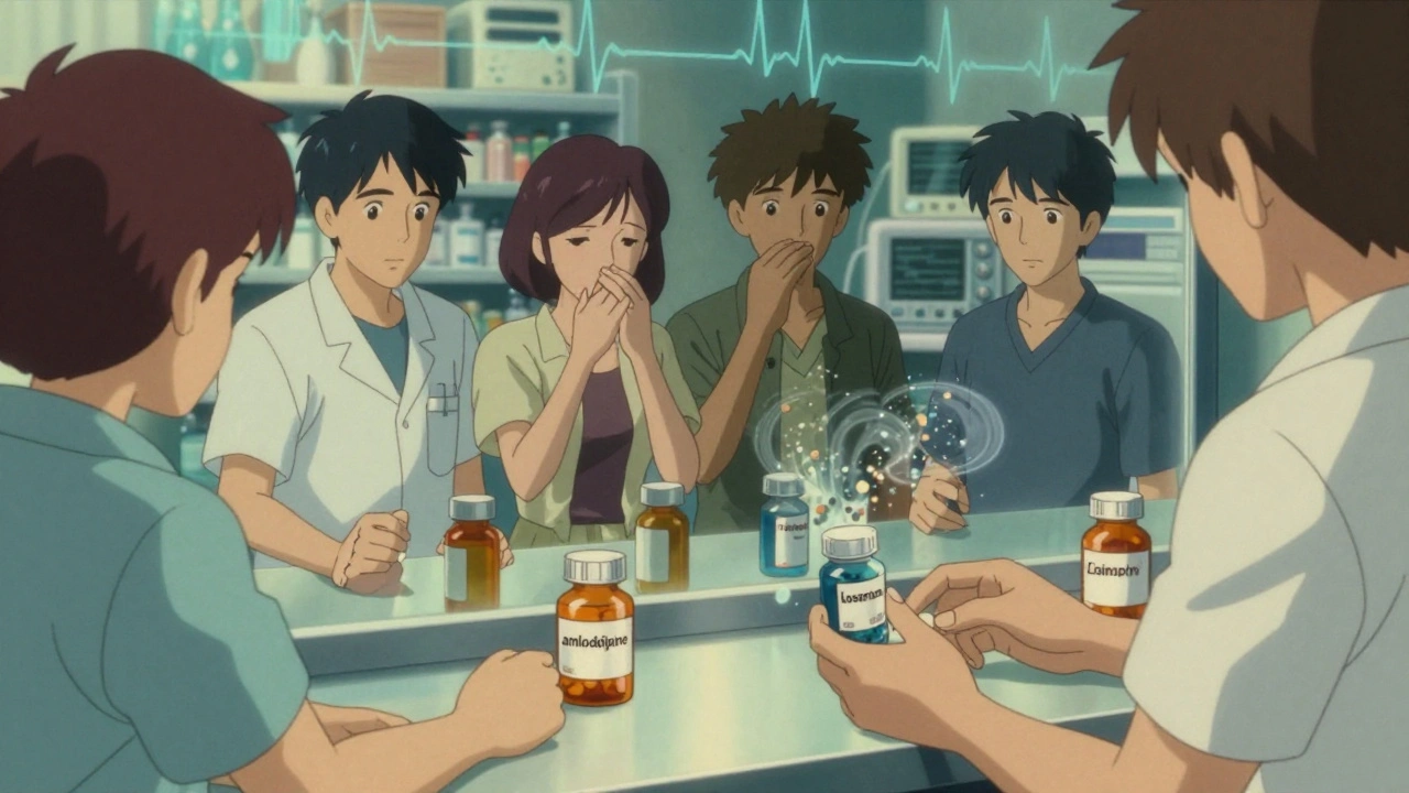 Diverse patients at a pharmacy, their reflections showing side effects of blood pressure drugs in a dreamlike mirror scene.