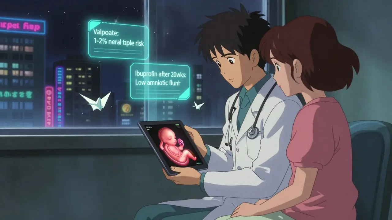 Doctor and patient reviewing a fetal development model with floating safety alerts.