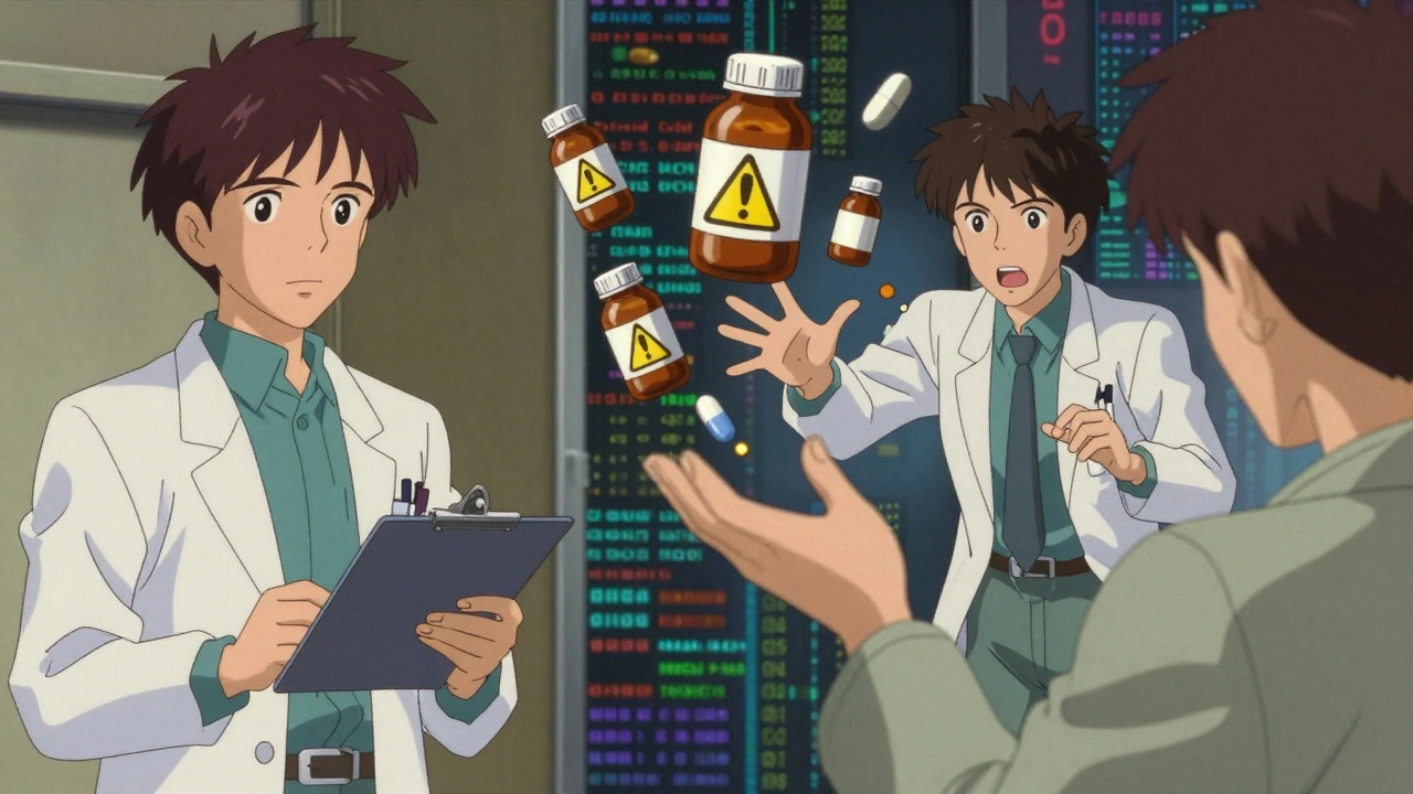 Doctor prescribing medication while floating warning symbols hover above, an advocate stabilizing the chaos.