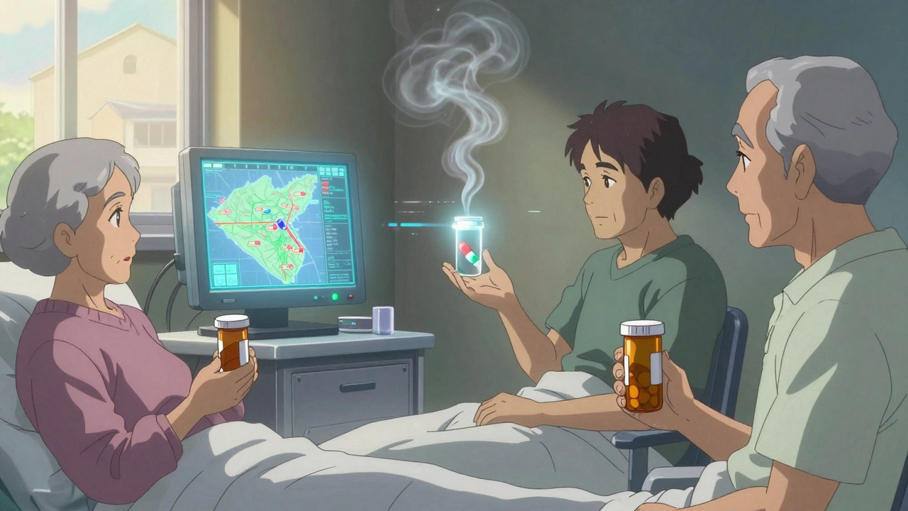 Elderly patients in hospital hold empty bottles as a floating pill dissolves into smoke.