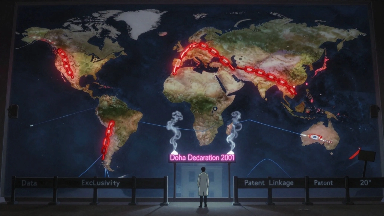 Global map with patent chains restricting generic drug flow, Doha Declaration flickering in the background.