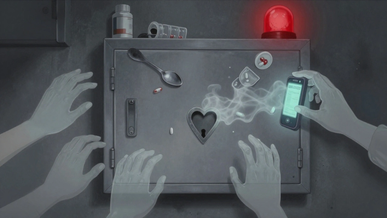 Locked medicine cabinet with ghostly children&#039;s hands reaching from inside, surrounded by scattered pills and spoons.