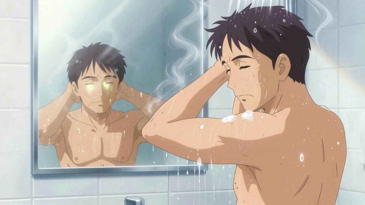 Man gently cleaning under foreskin during morning shower with soft water flow.