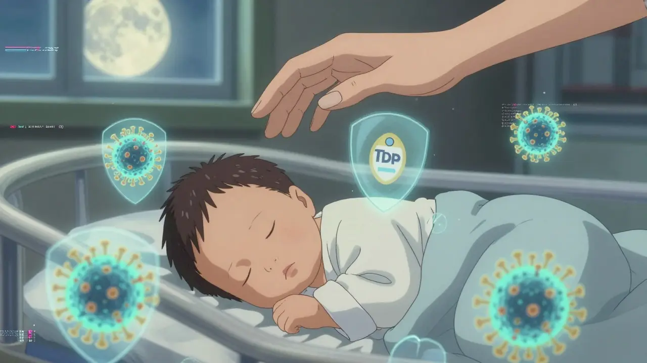 Newborn asleep under ethereal immune shields representing vaccines received through pregnancy.