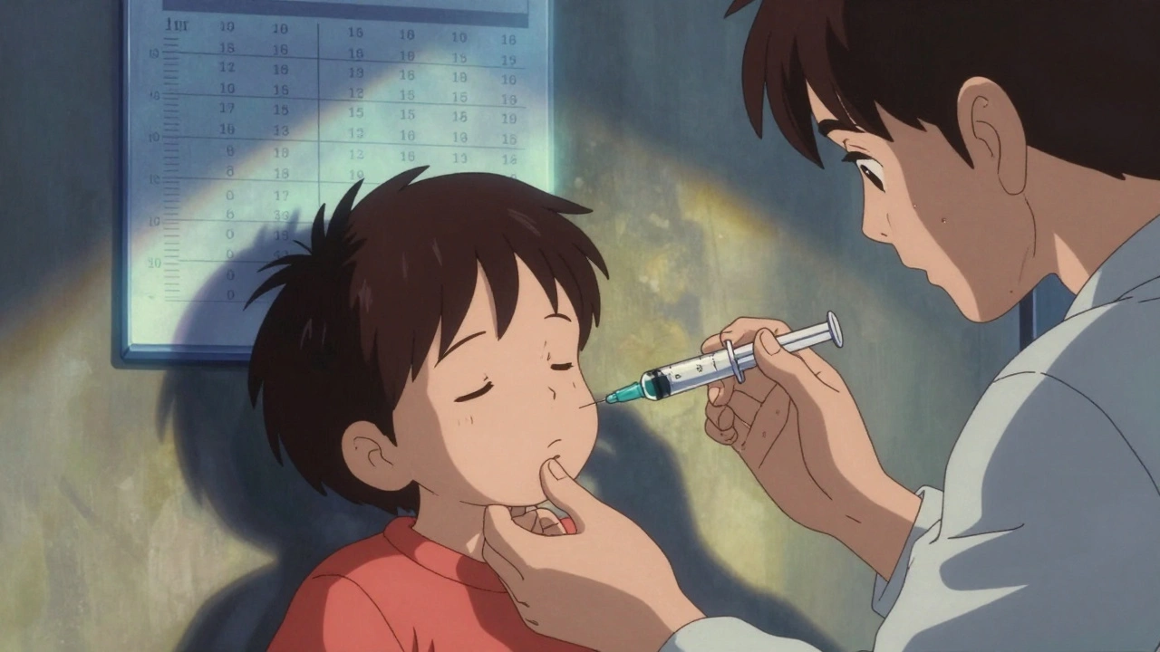 Parent carefully giving liquid medicine to a child using a syringe against the cheek.