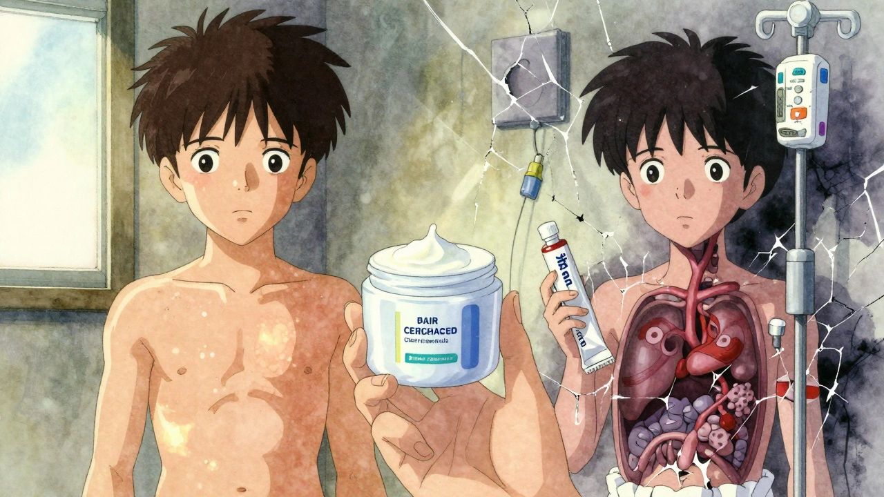 Parent holding safe moisturizer vs discarded steroid, two parallel realities behind them