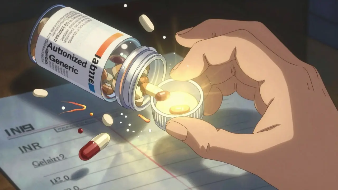 Patient's hand holding a pill bottle with translucent overlays showing harmful inactive ingredients dissolving away from the safe authorized generic.