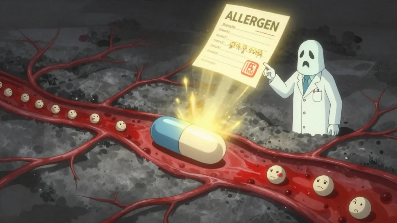 Patient's internal body showing a generic pill navigating allergen particles, guided by a phantom pharmacist.