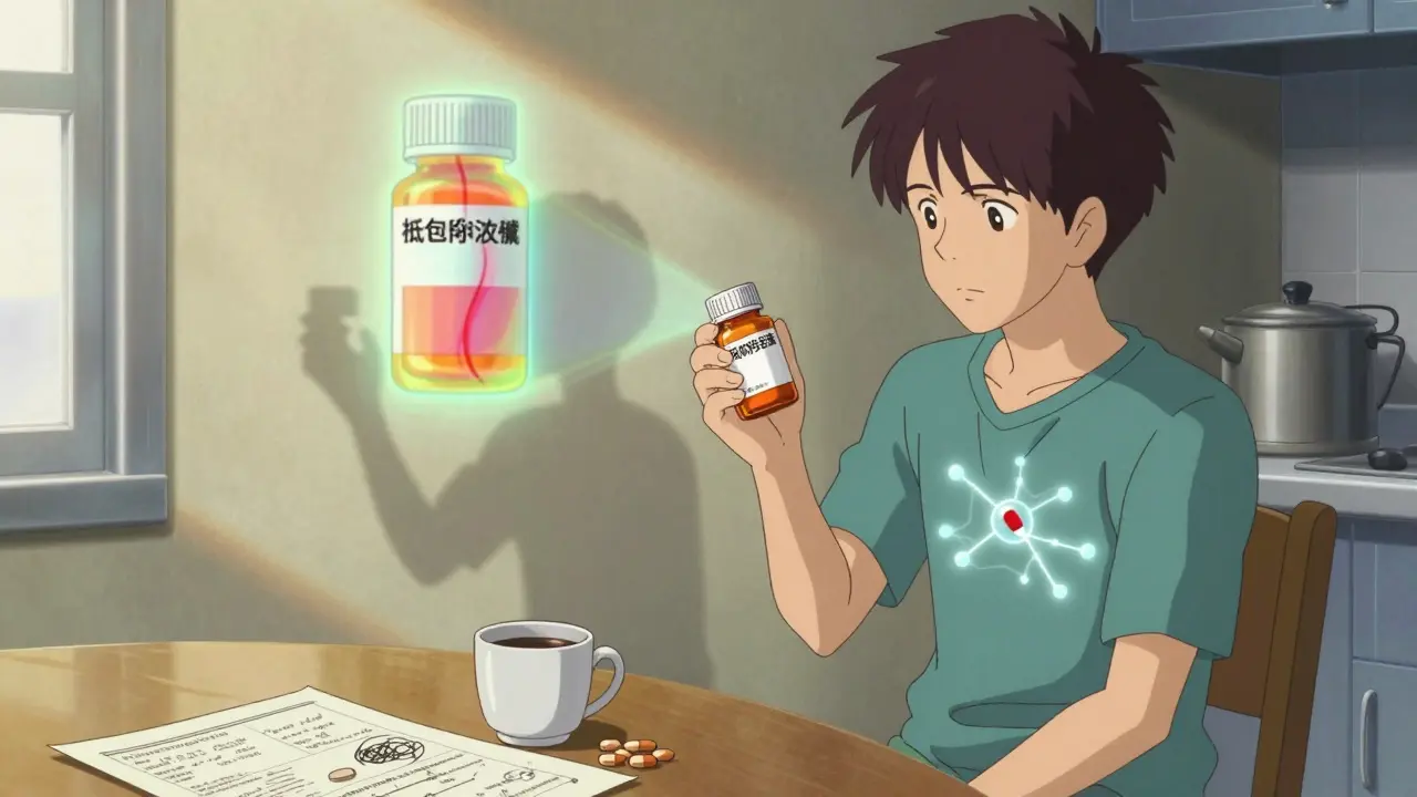 Patient holding an authorized generic pill, their shadow merging with the brand-name version.