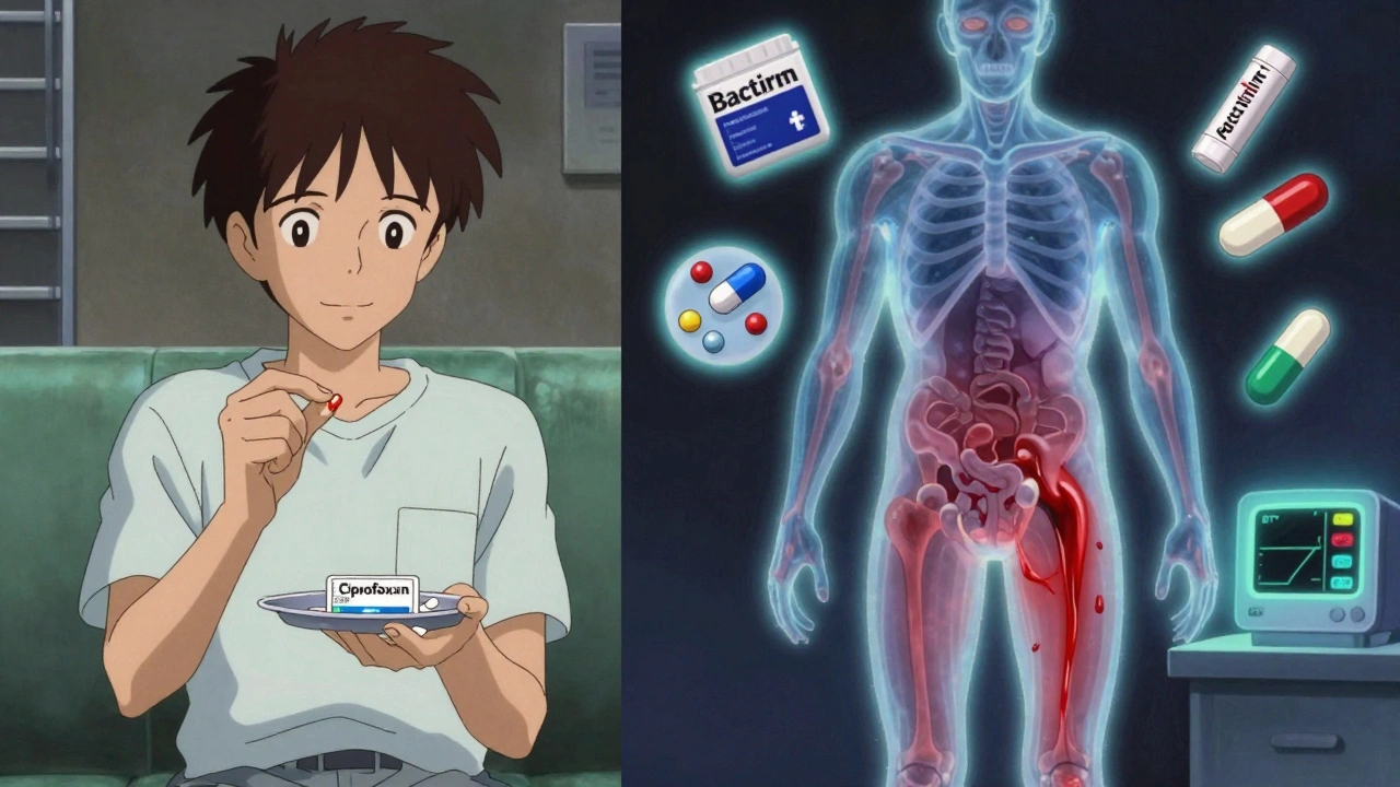 Patient taking antibiotic while internal bleeding manifests in thigh and urine, dangerous drugs hovering as shadows.