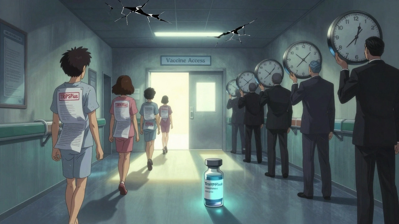 Patients transforming into documents as they approach vaccine access, corporate figures holding backward clocks.