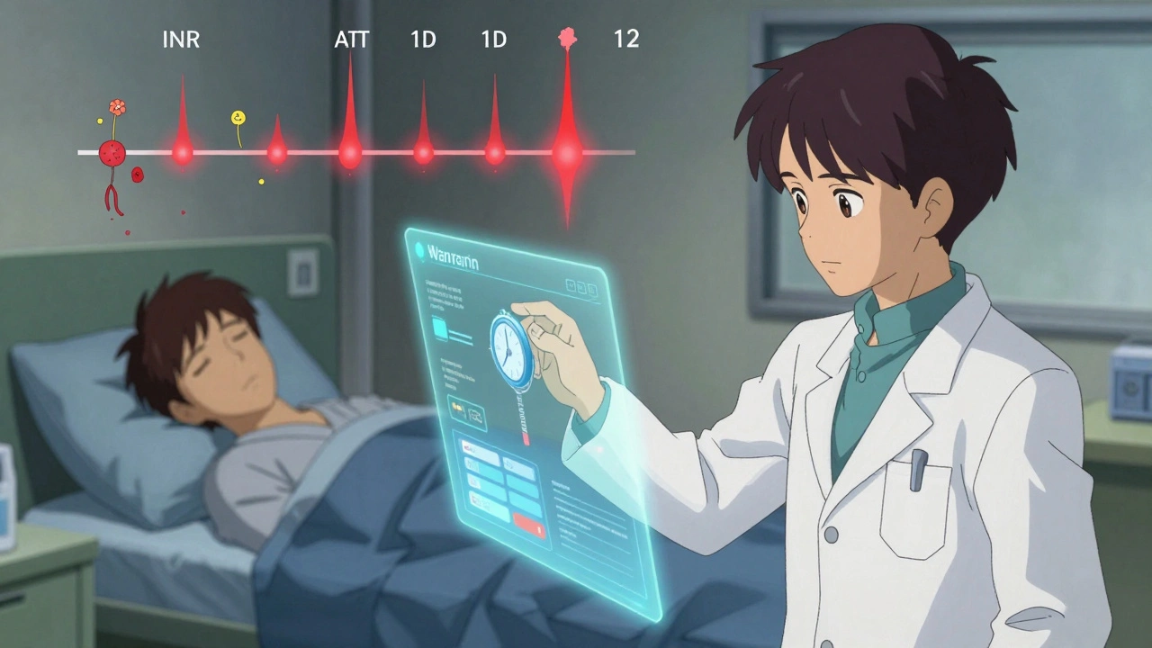 Pharmacist adjusting warfarin dose as INR timeline rises and gut bacteria slowly regenerate in background.