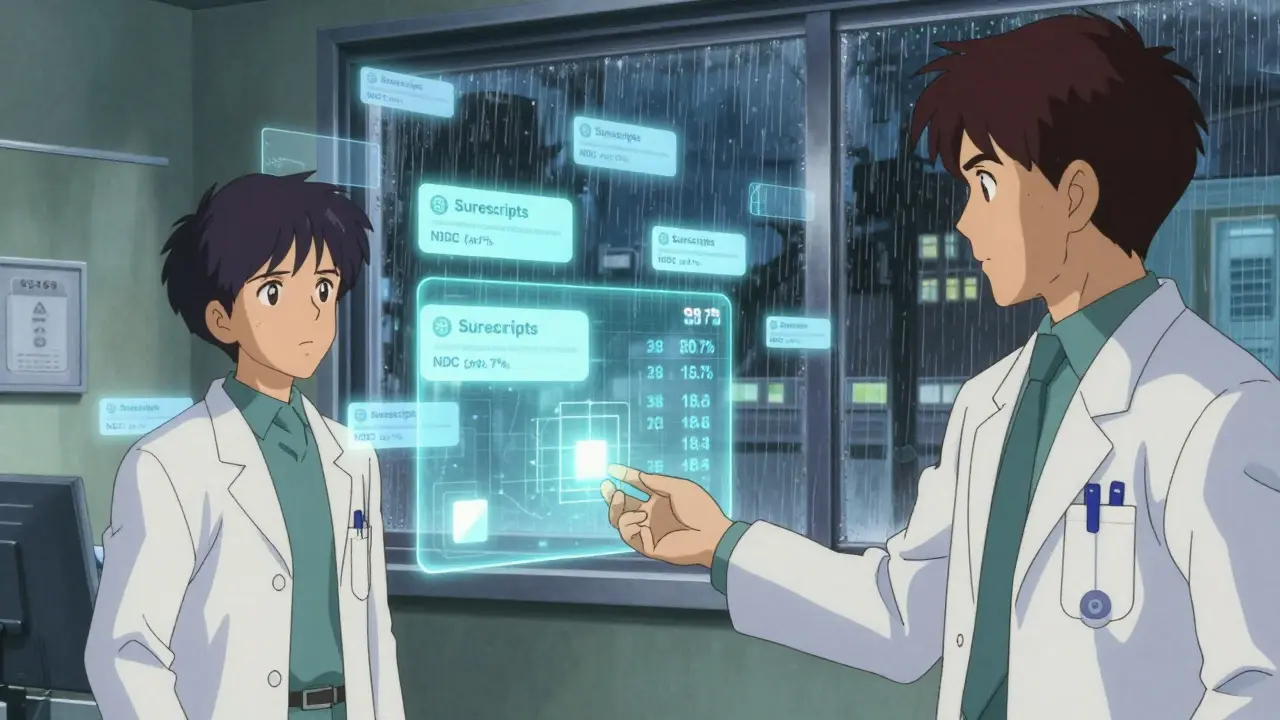 Pharmacist and prescriber communicating through a digital data network with floating medical codes.