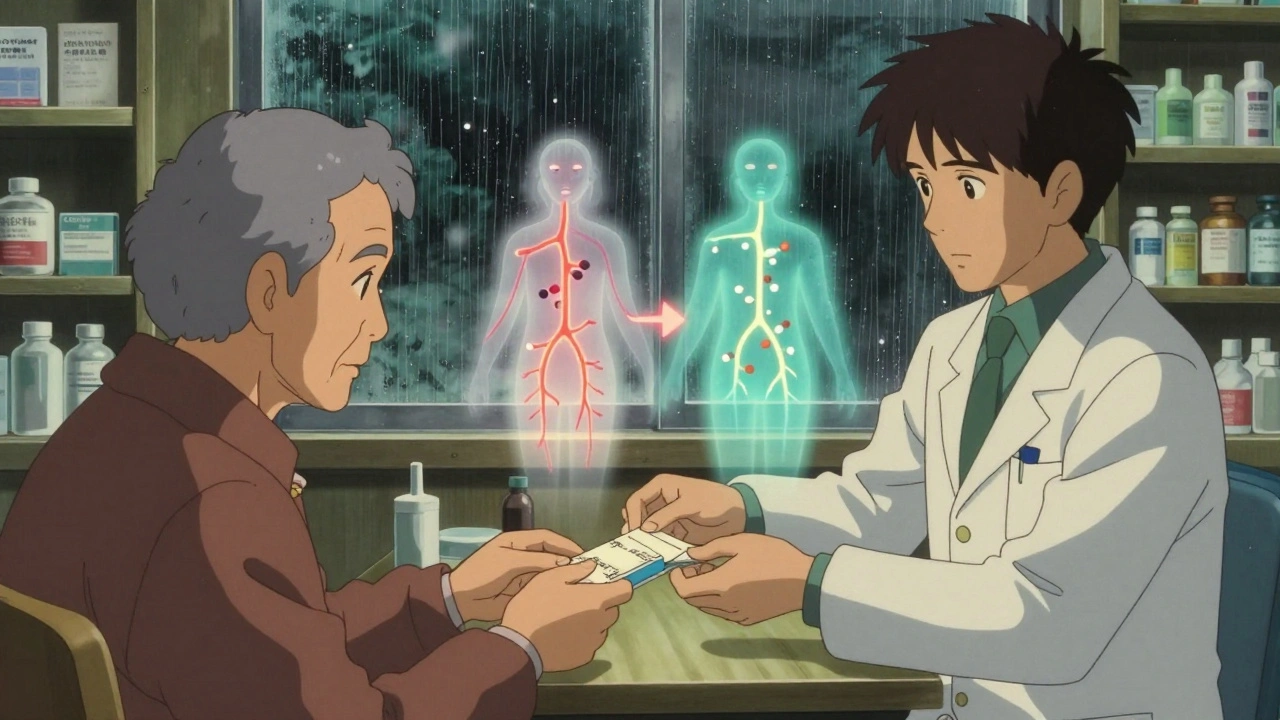 Pharmacist handing a prescription to an elderly patient, with translucent drug absorption curves between them.