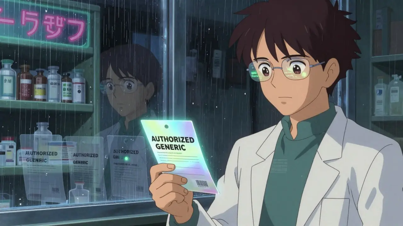 Pharmacist in a dim pharmacy holding a prescription with a glowing 'AUTHORIZED GENERIC' tag.