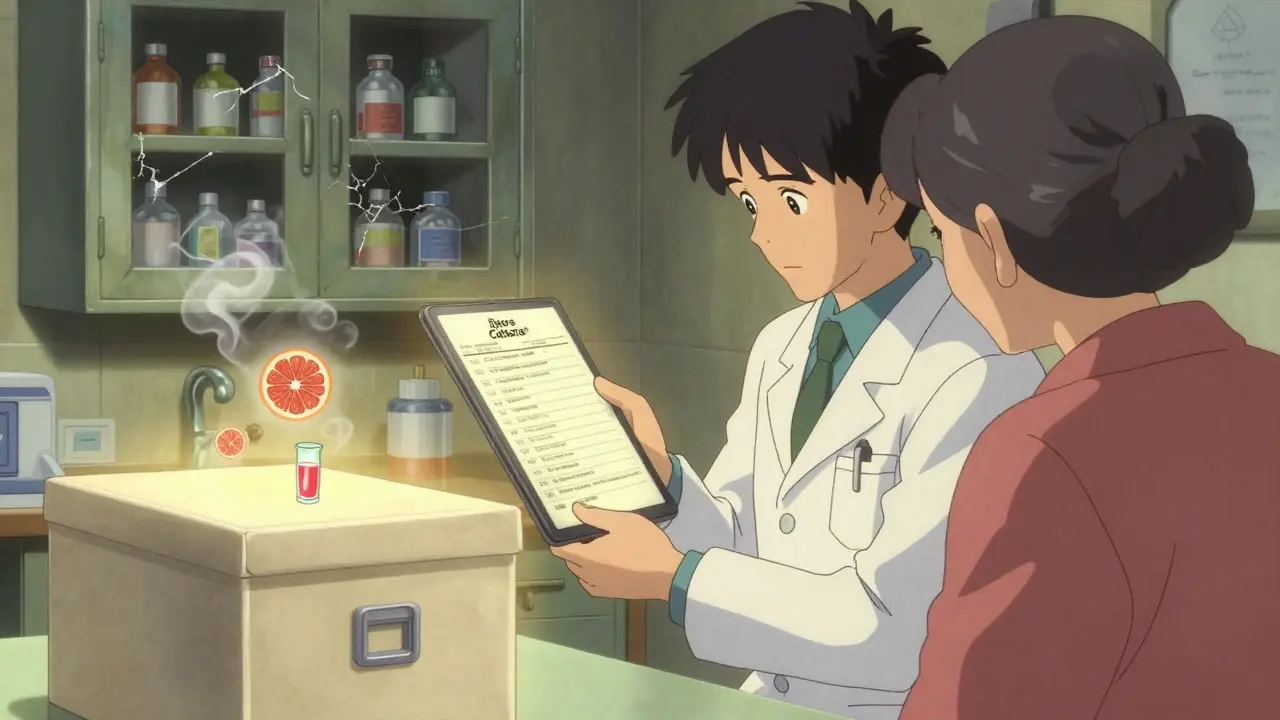 Pharmacist reviewing meds with patient, safe storage box in foreground