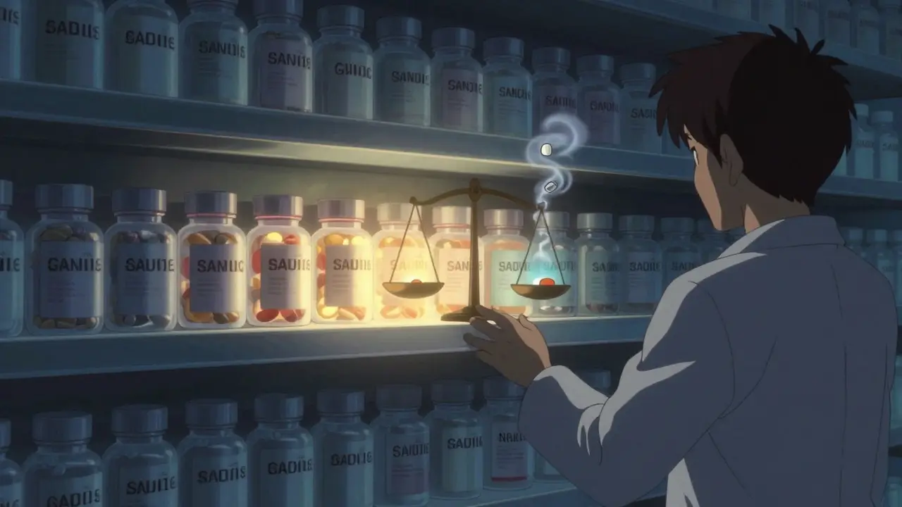 Pharmacy shelf with authorized generics glowing amber, reflecting brand logos in mirrors, while NDC codes fade into smoke around them.