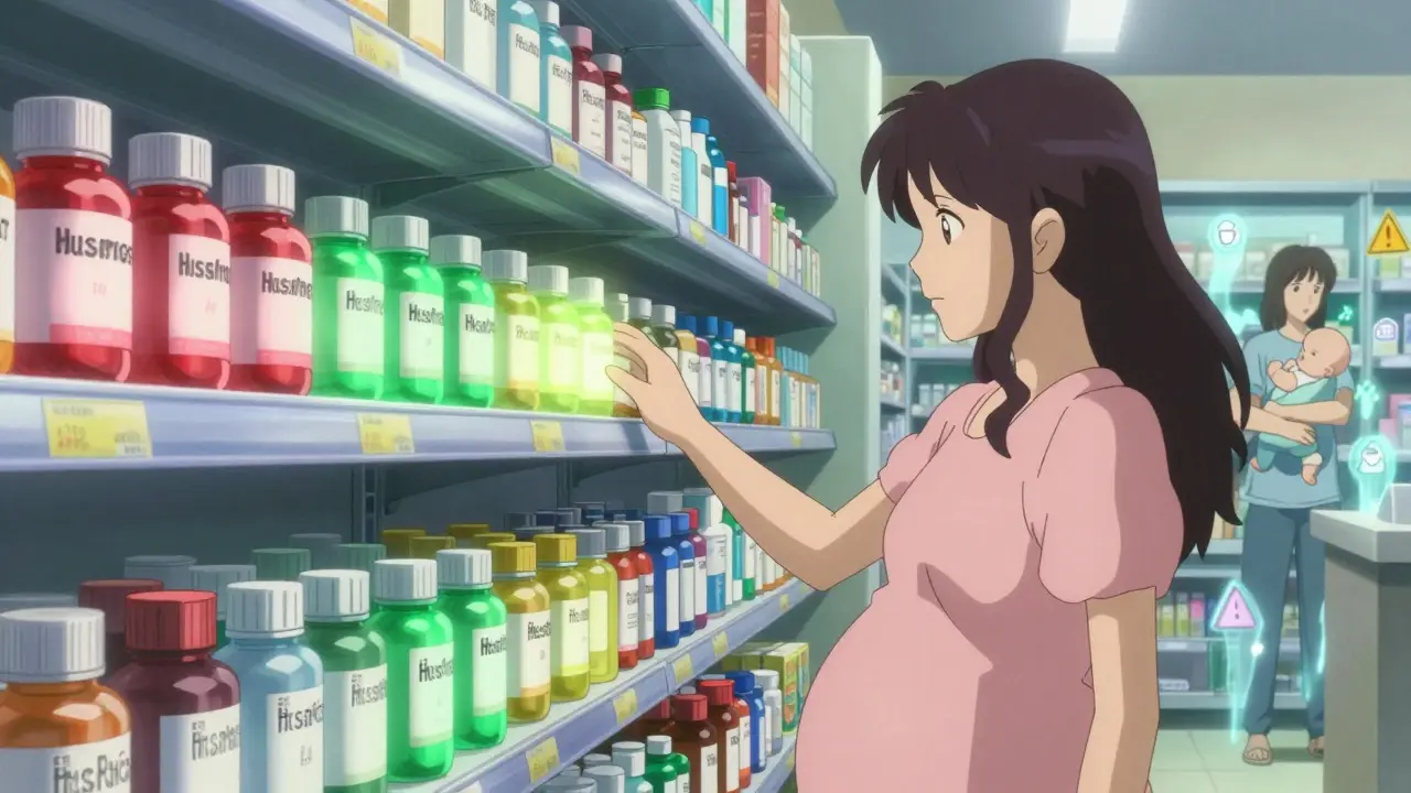 Pharmacy shelf with glowing medication labels as a pregnant woman reaches out hesitantly.