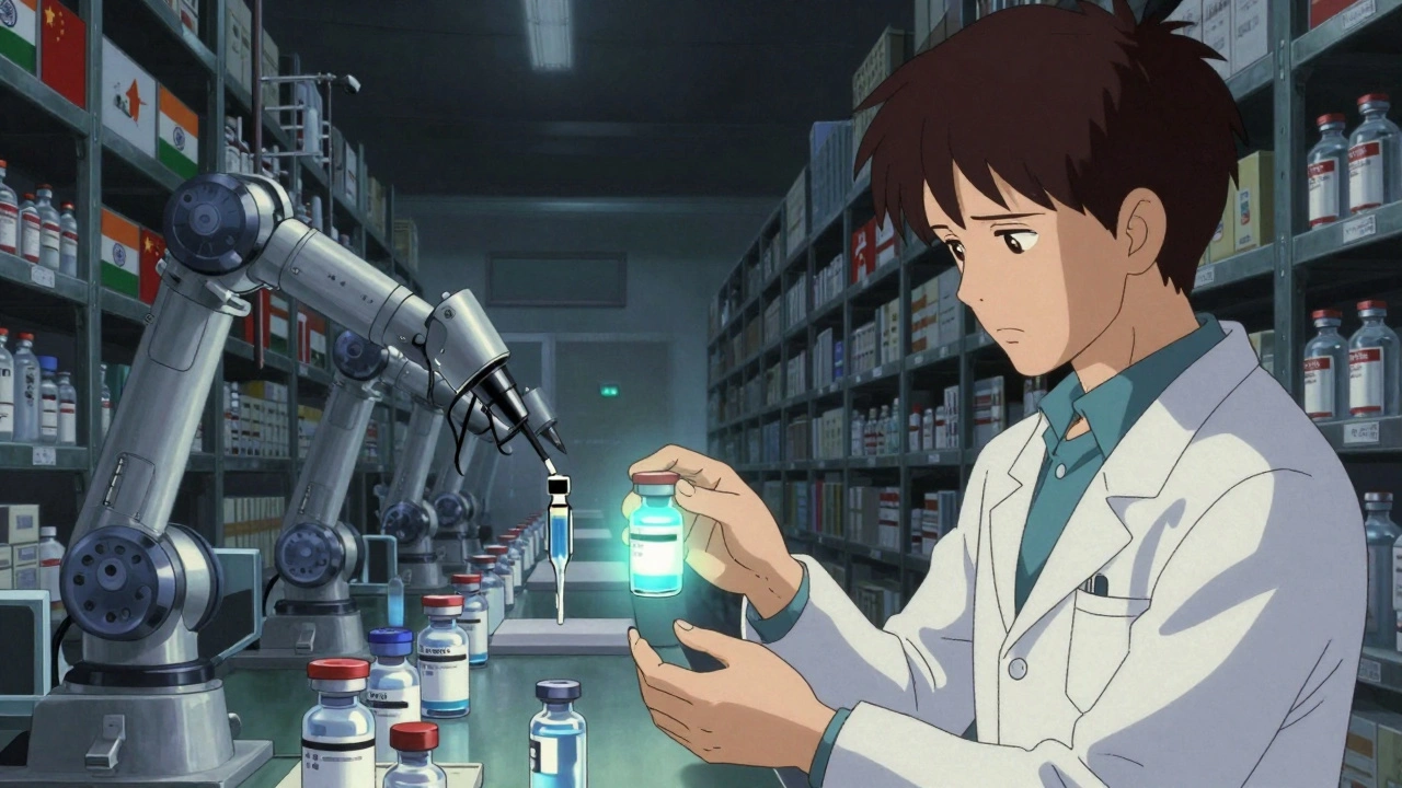 Robotic arms assemble glowing insulin vials in a vast, dim pharmaceutical warehouse.