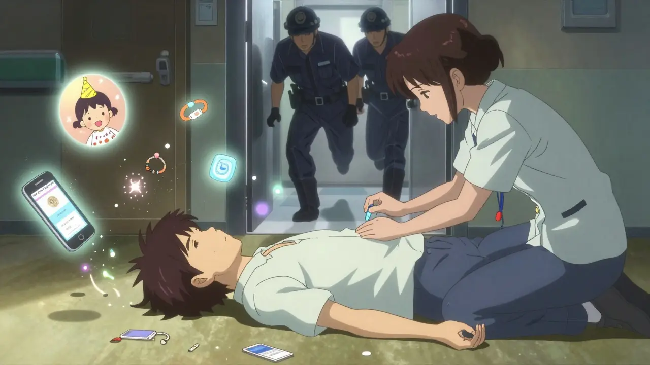 Someone administering naloxone to an unconscious person, with fragmented memories floating around them as help arrives.