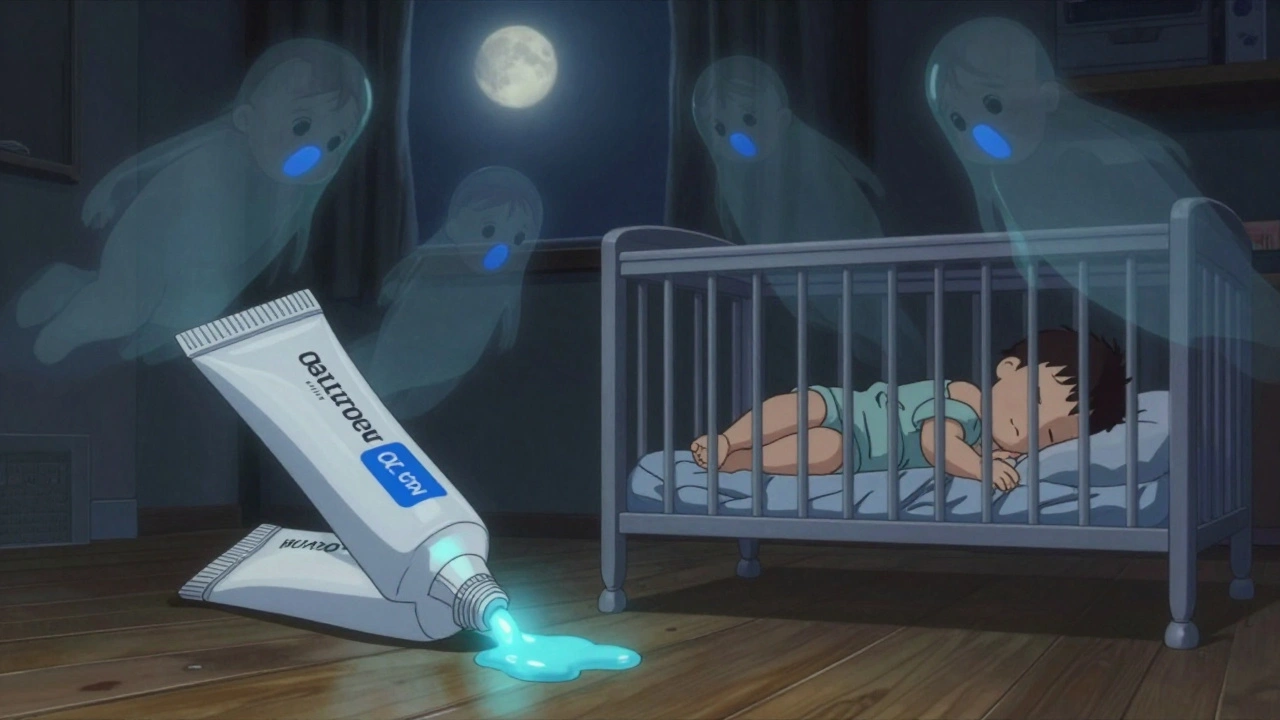 Spilled teething gel near sleeping baby with ghostly blue figures floating above