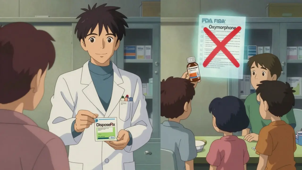 Split scene: pharmacist giving safe disposal packet, family confronting dangerous meds at cabinet.