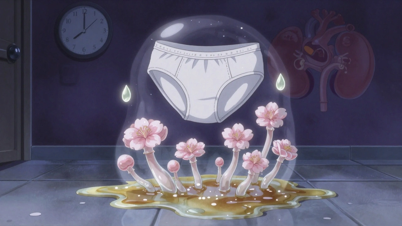 Surreal image of yeast fungi shaped like blossoms near sugary urine, protected by floating cotton underwear.
