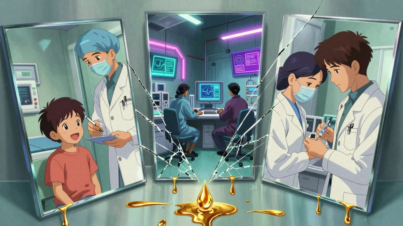 Three parallel scenes show global access to generics: a U.S. hospital, Indian factory, and European clinic.