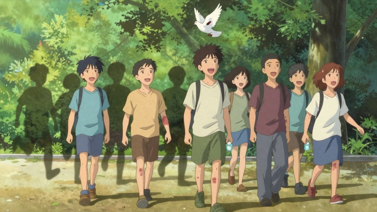 Transplant recipients walking in a park, their healthy shadows behind them, symbolizing the contrast between physical burden and inner resilience.