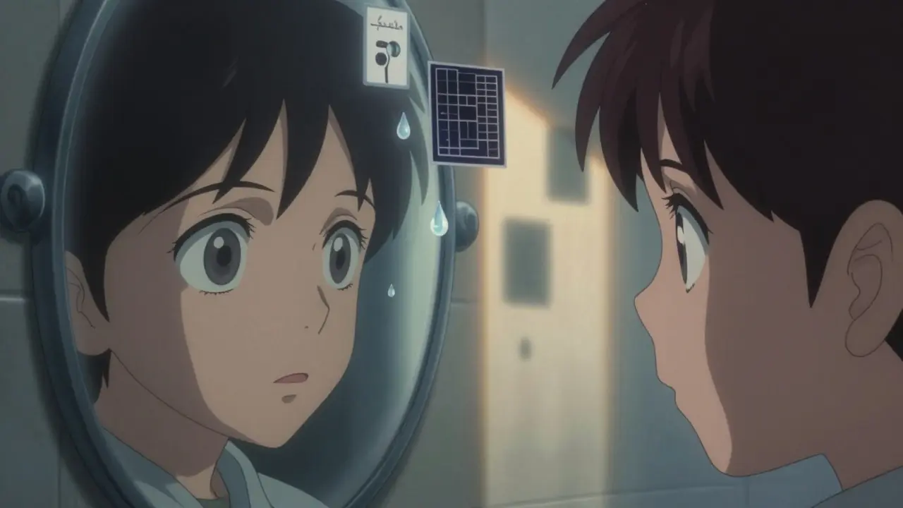 Two eyes in a mirror—one showing early glaucoma damage—with floating medical symbols drifting around them.