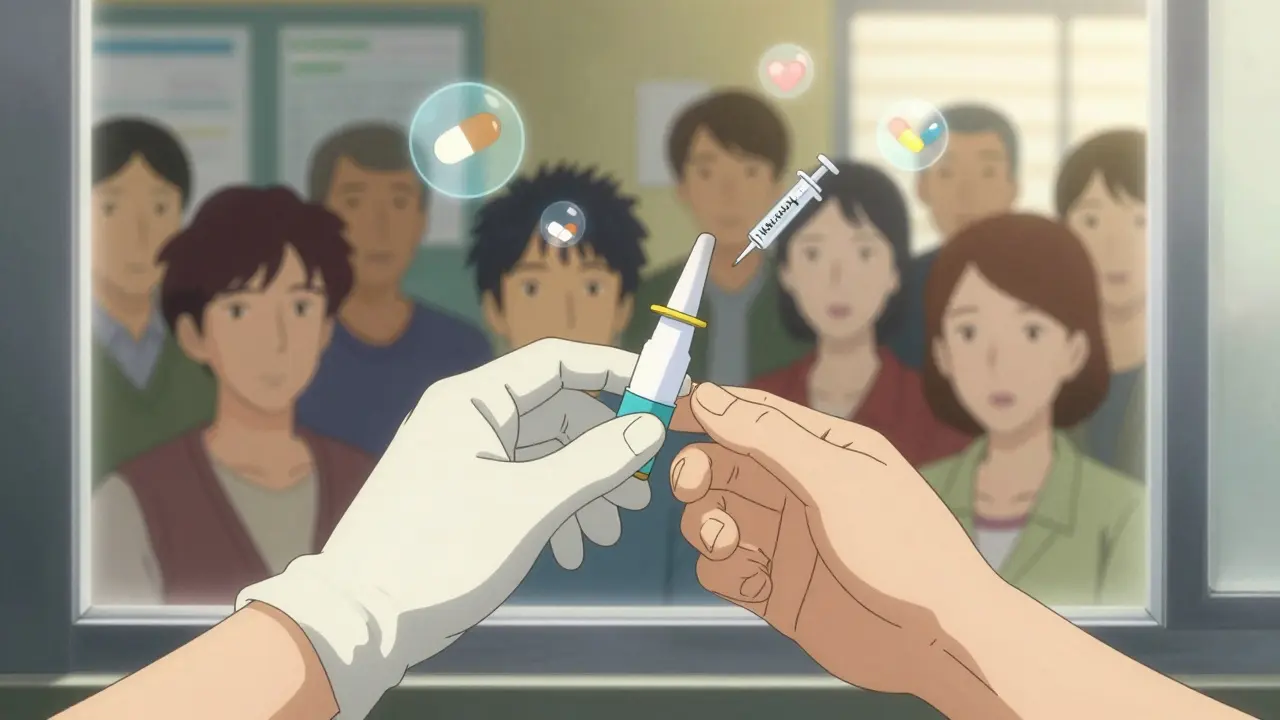 Two hands passing a Narcan nasal spray through a window, surrounded by floating symbols of drugs and life.