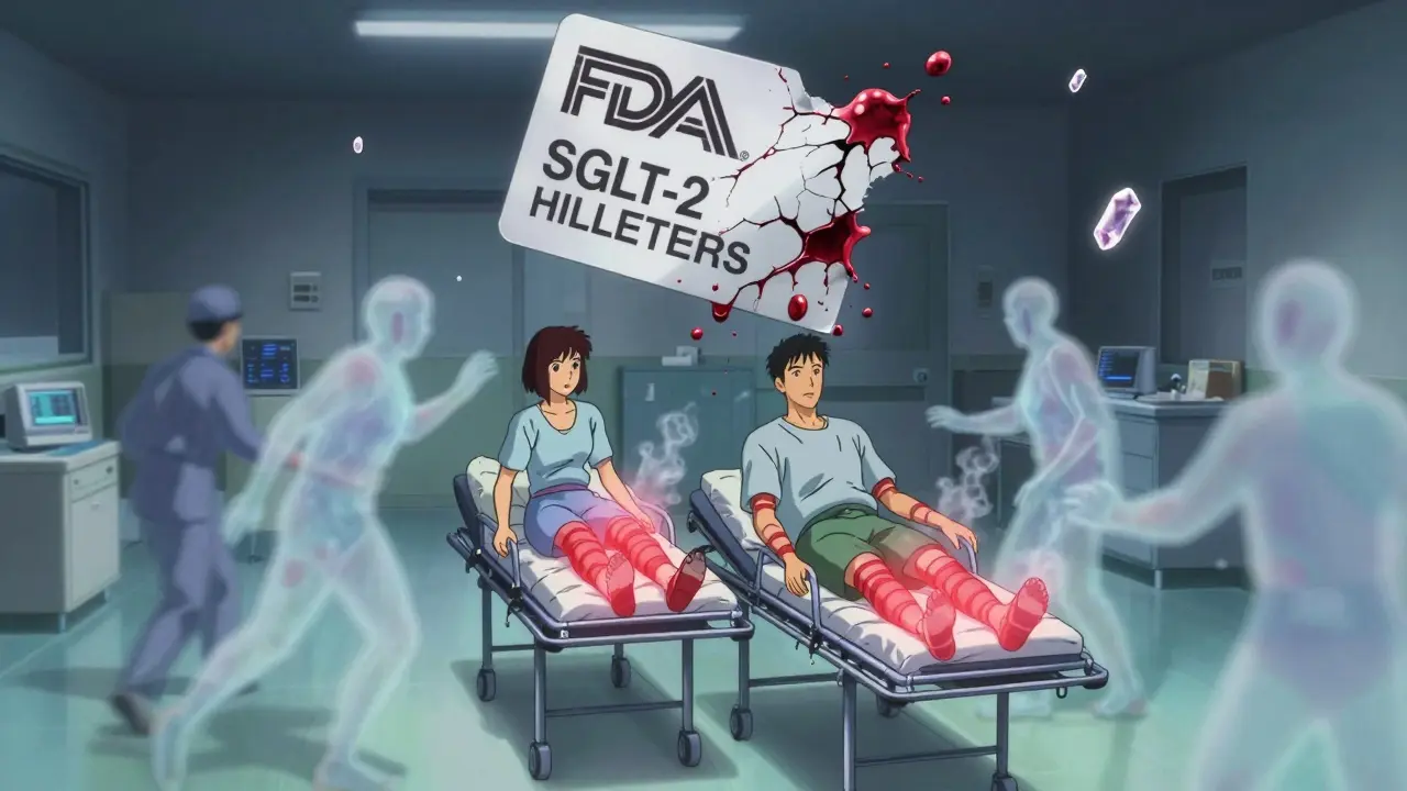 Two patients in ER with glowing bandages, ghostly figures and floating FDA warning above.