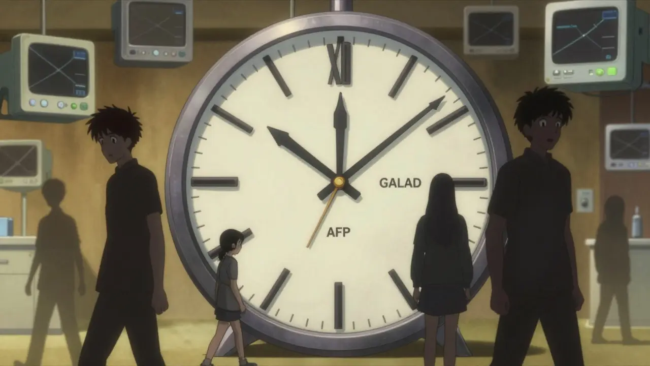 A clock made of liver tissue with diagnostic tools as hour markers, patients walking away.