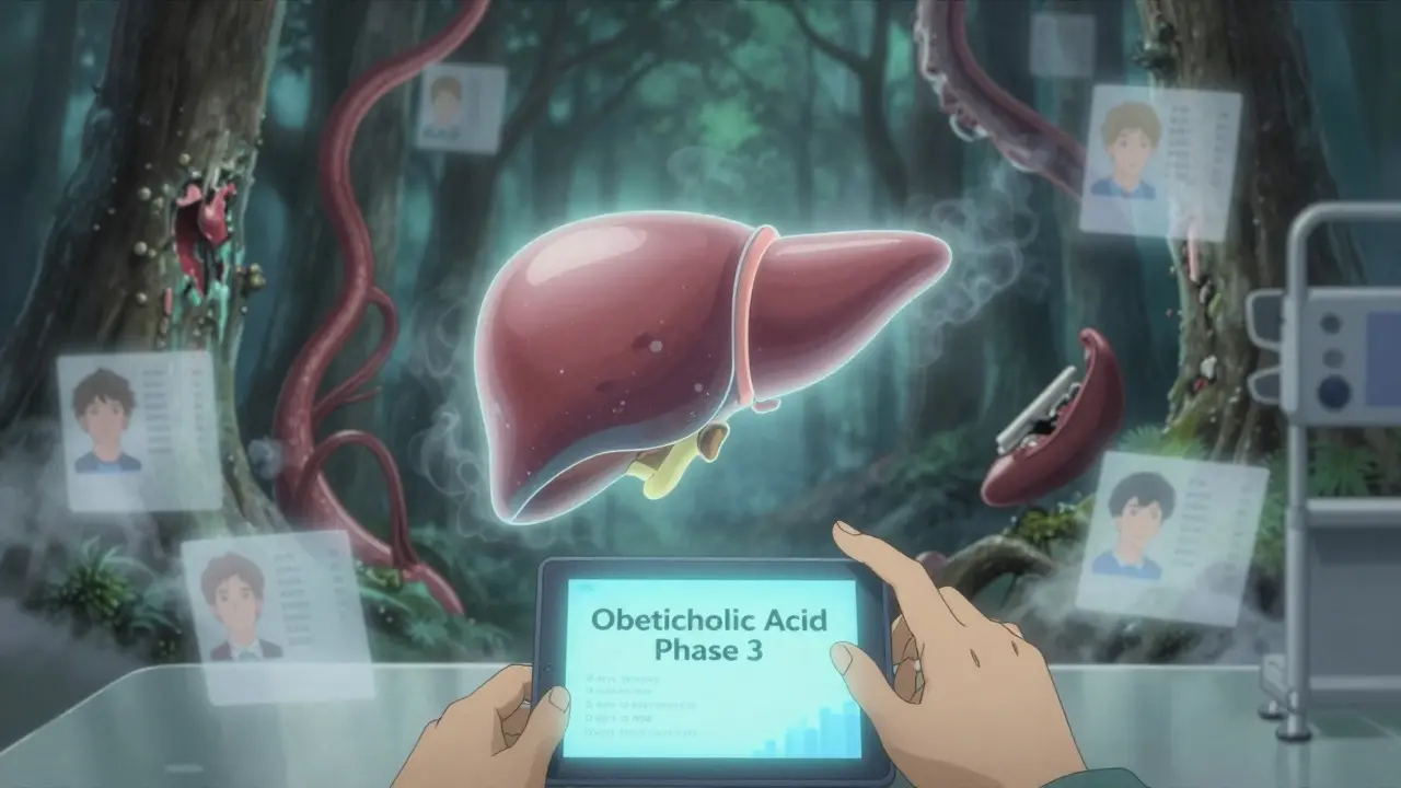 A floating liver being transplanted as withered bile ducts dissolve into smoke, with medical trial text and patient IDs hovering around.