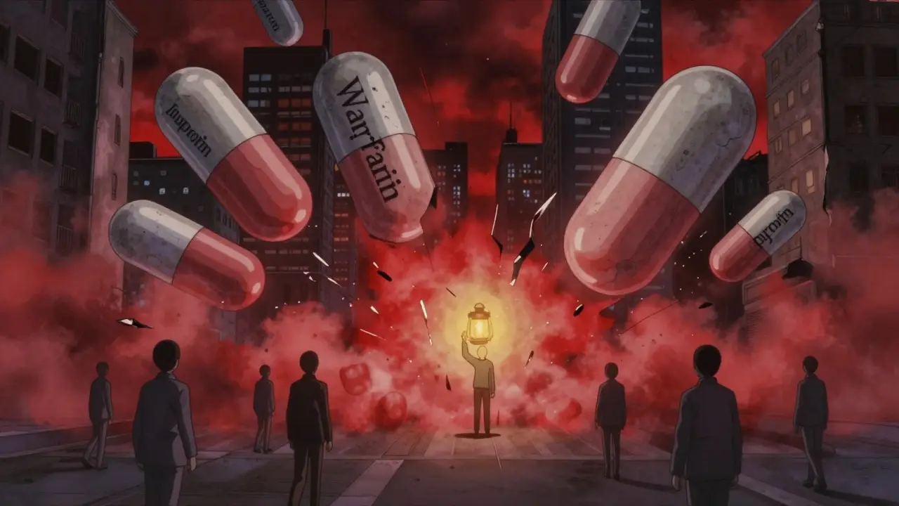 A fractured city of pill-shaped buildings colliding in red mist, with one figure holding acetaminophen as a light of safety.