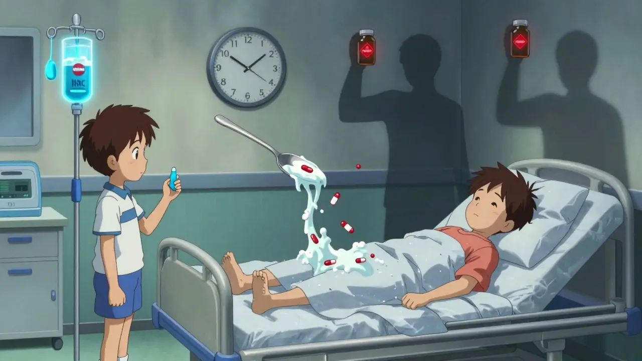 A fractured ER scene: one side shows treatment, the other shows the child dissolving into pills.