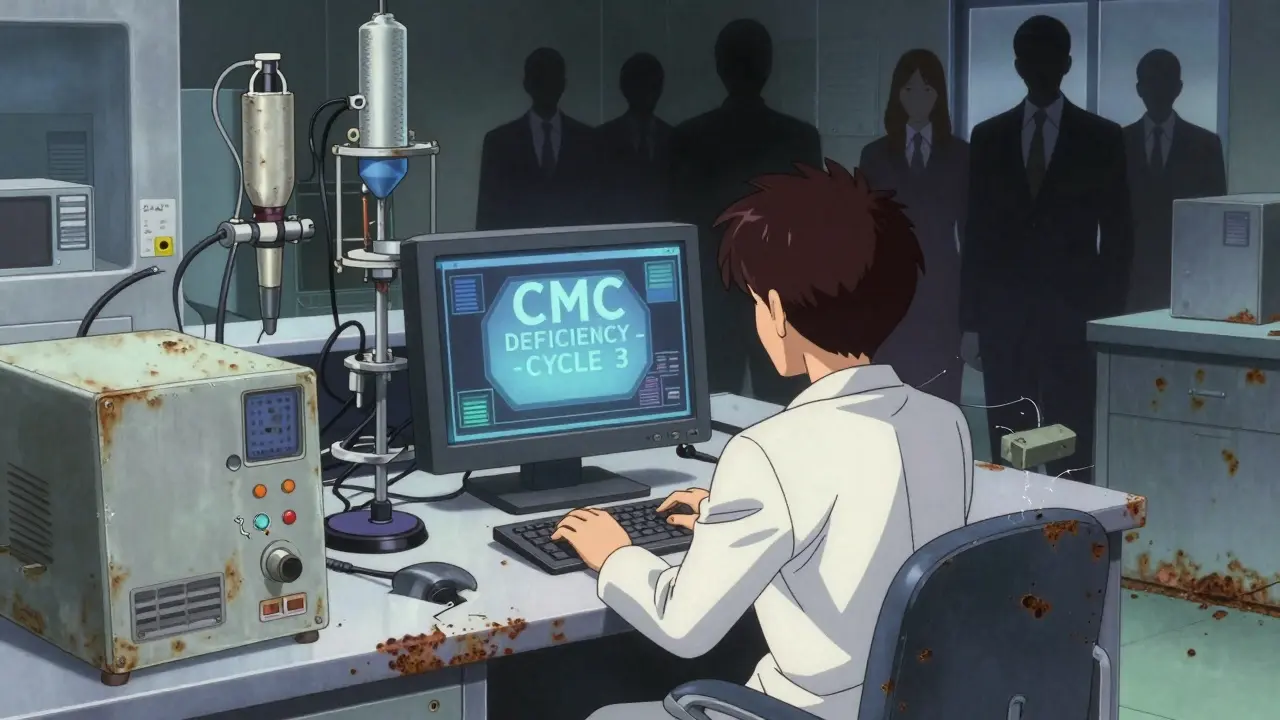 A fractured lab shows clean equipment next to decay, with legal shadows looming.