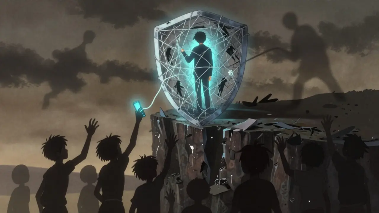 A fragile shield of threads—sleep, movement, connection—protects someone from falling shadows, with a glowing phone hinting at early warning signs.