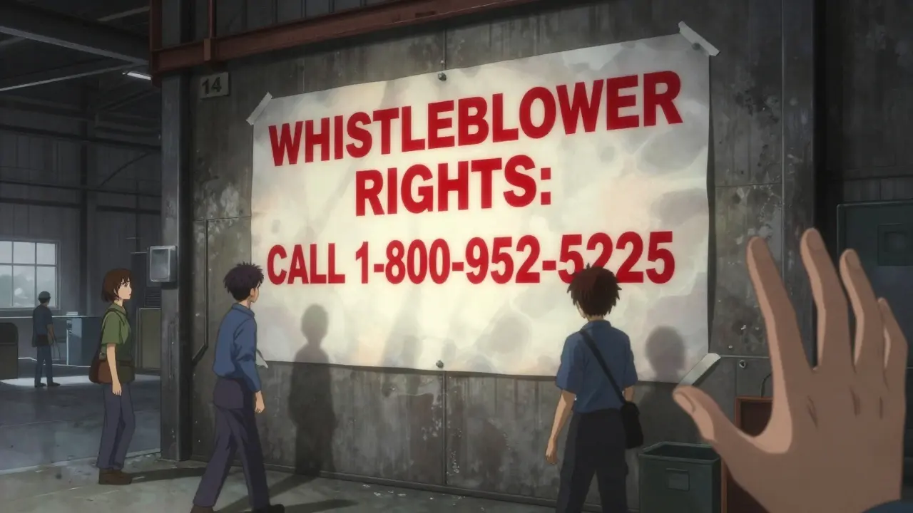 A large whistleblower rights notice glows on a warehouse wall, workers pass by in blurred motion, shadows morph into reaching hands.