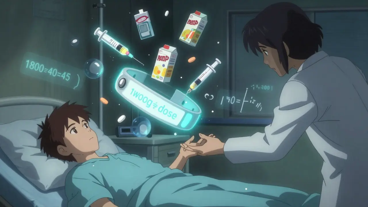 A medical ID bracelet surrounded by glucose tablets and glucagon pens, with floating insulin calculation equations.