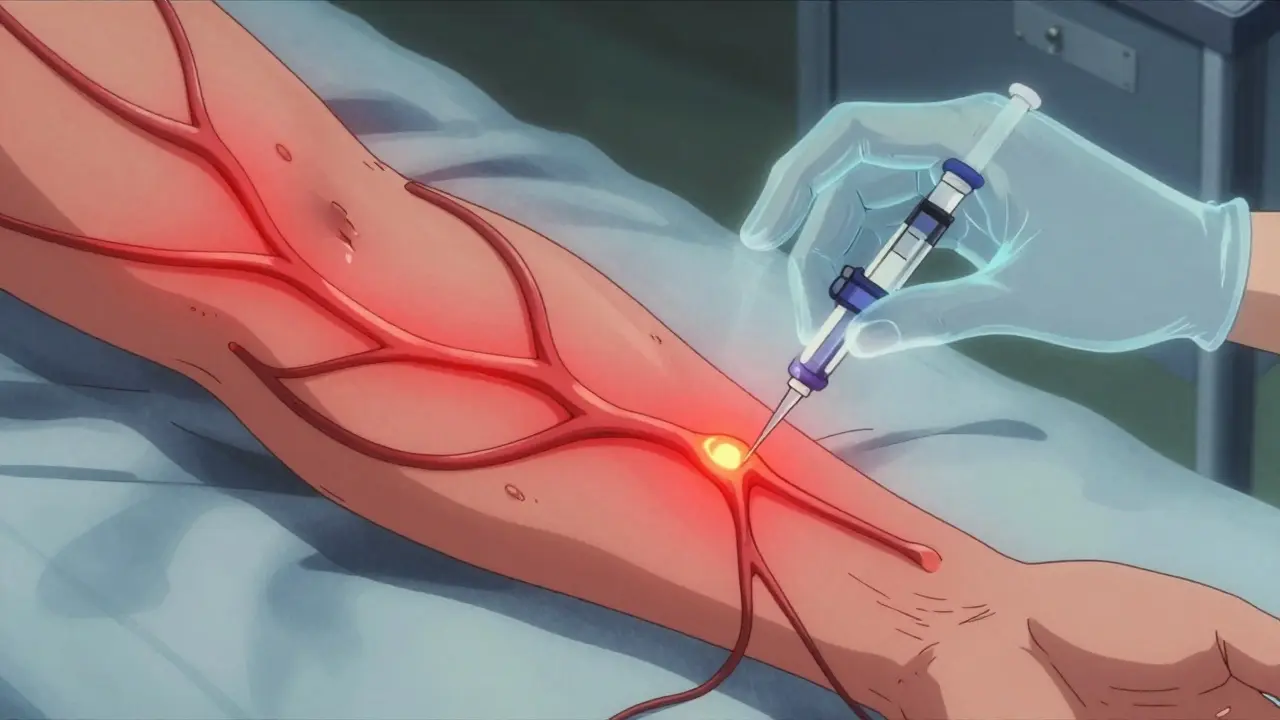 A medical injection targeting a tangled nerve knot, with fading ghostly pain signals above the stump.