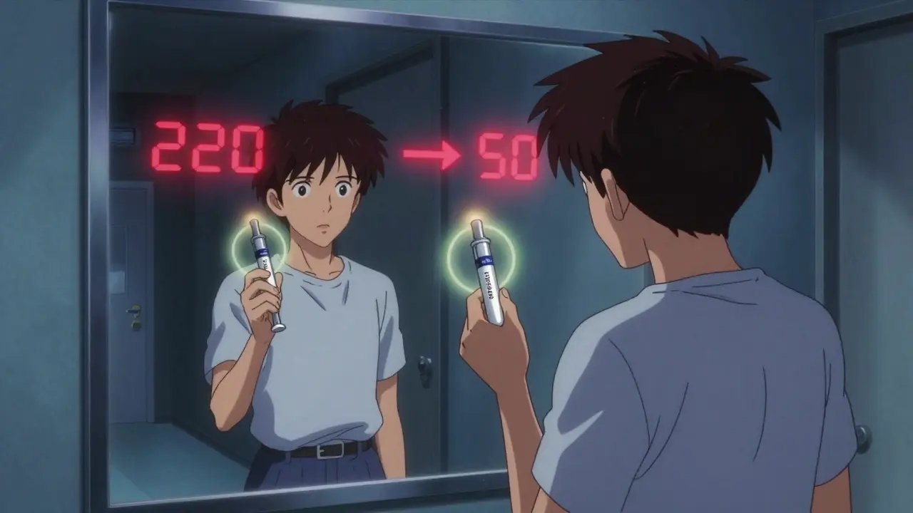 A patient facing their mirror reflection holding different insulin pens, with flickering blood sugar numbers.
