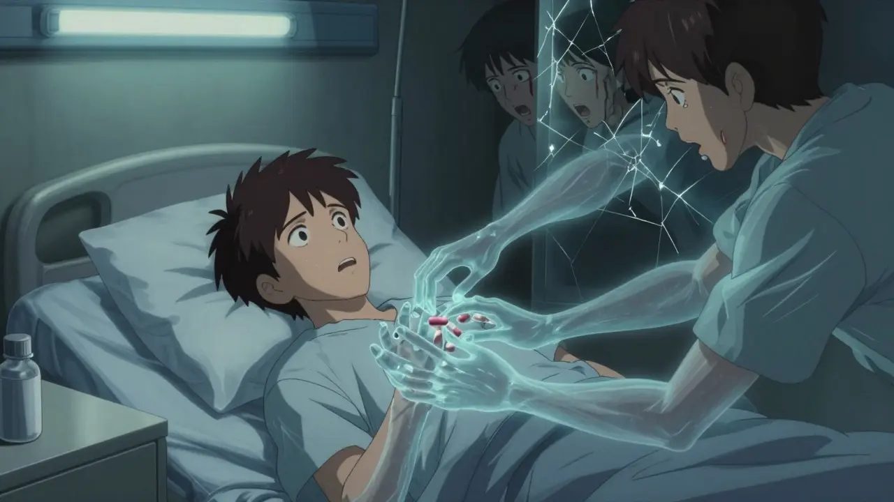 A patient in a hospital room haunted by ghostly NSAID hands causing internal bleeding, under cold fluorescent light.