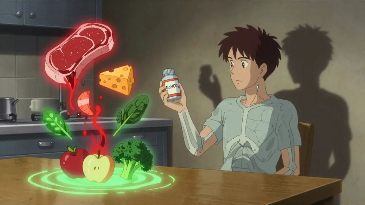 A patient surrounded by floating foods—acidic meats dissolving as alkaline fruits glow, symbolizing dietary healing.
